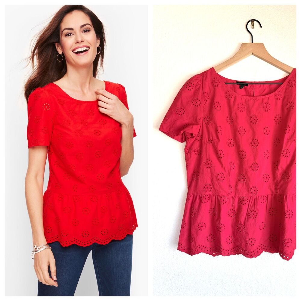Talbots Women Red Cotton Eyelet Peplum Top Short Sleeve Blouse NWOT Size 4 Cute